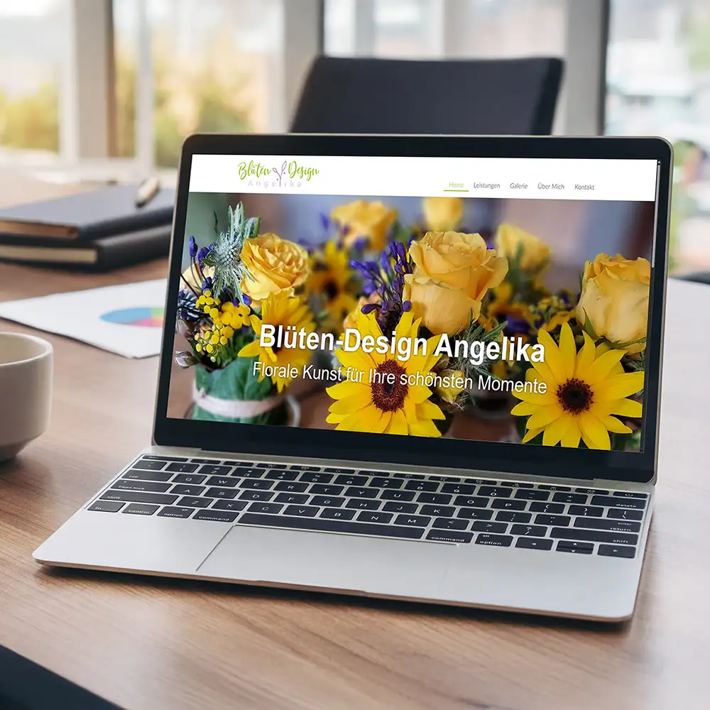 Moderne WordPress-Website für Floristik und Blumenhandel Blüten-Design Angelika auf einem Laptop.