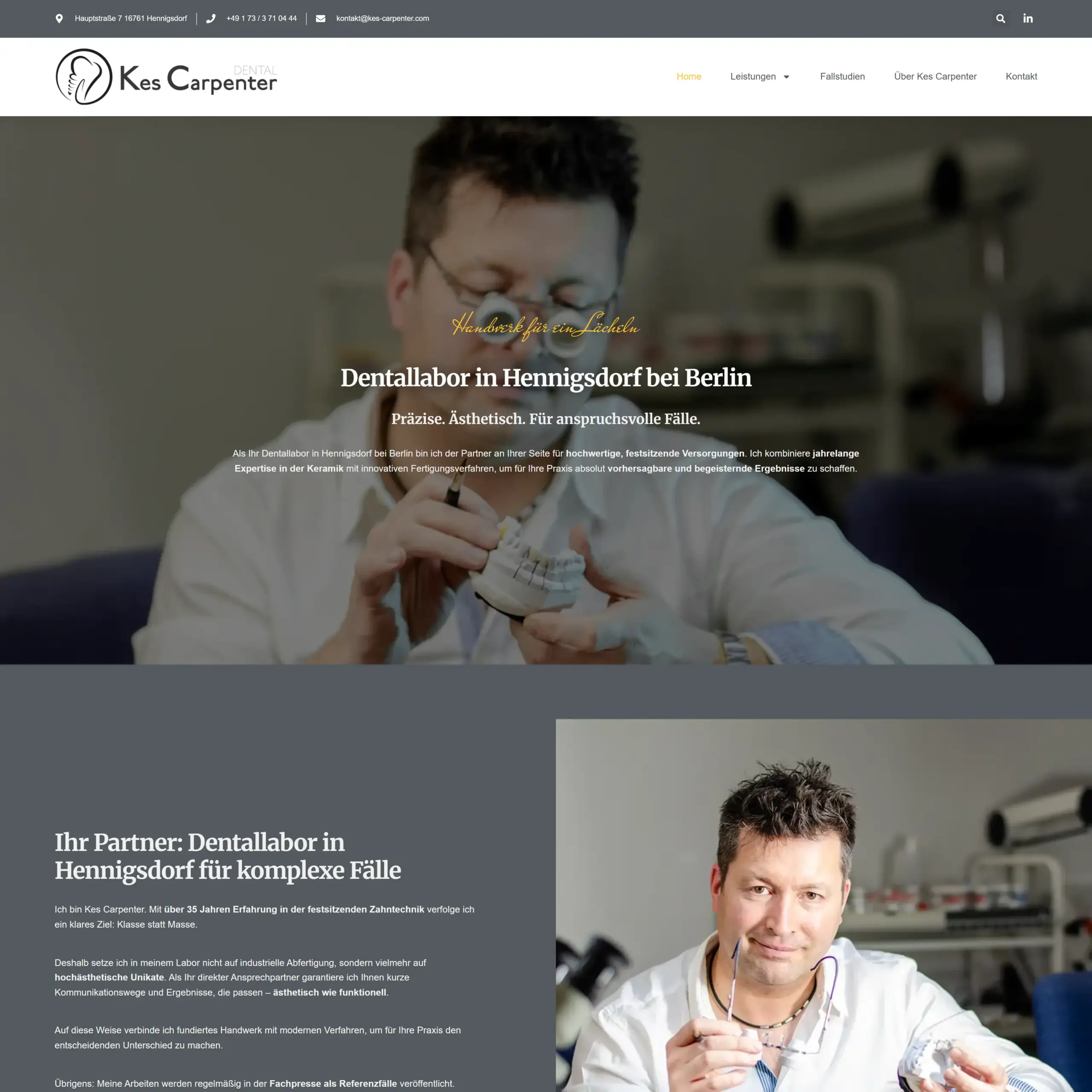 Screenshot der Webseite des Dentallabors Kes Carpenter. Eine Webdesign-Referenz für Zahntechniker.