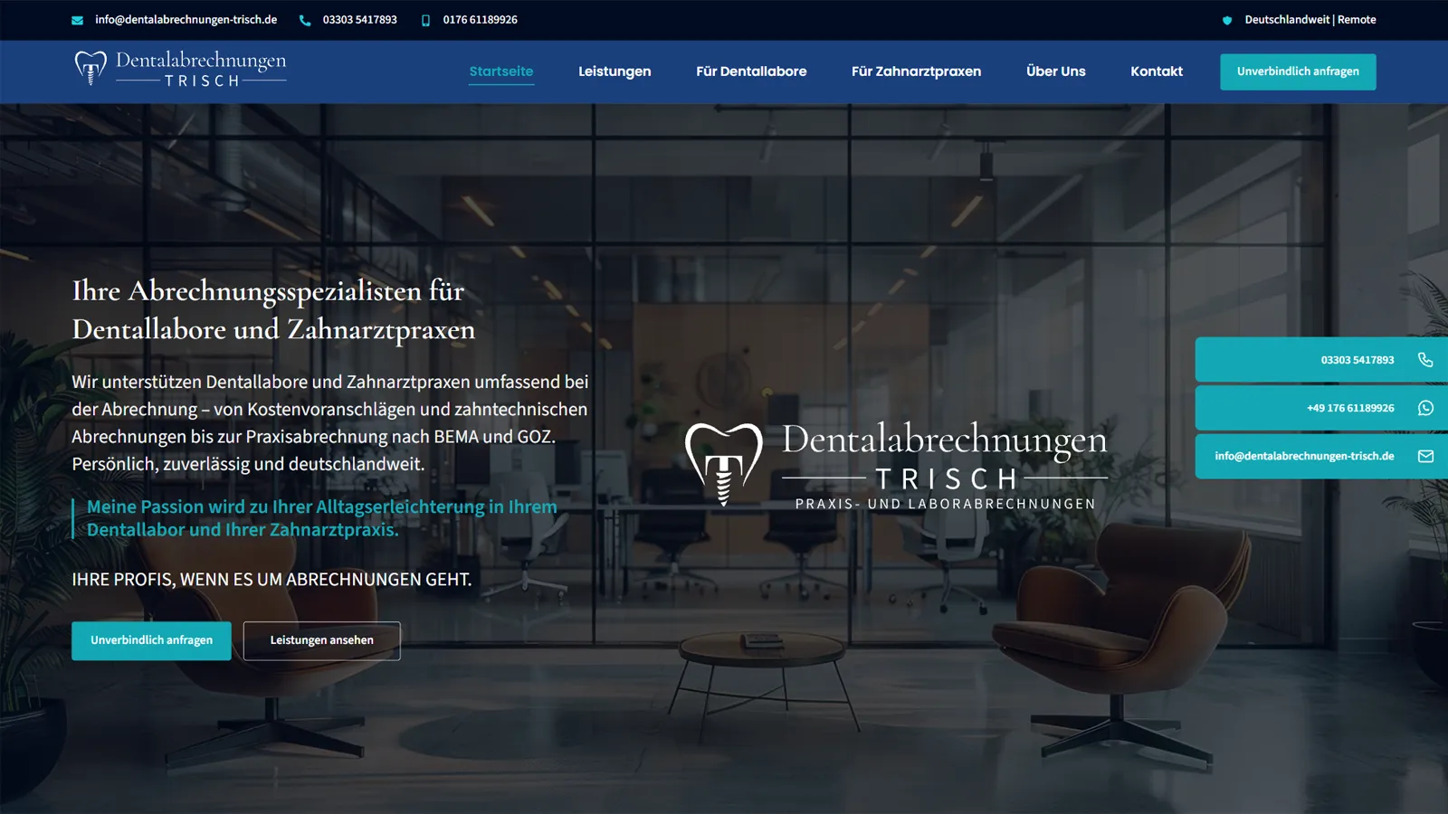 Startseite von Dentalabrechnungen Trisch – Webdesign von TK Mediendesign